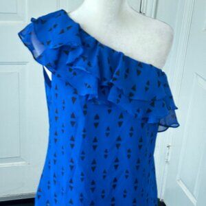 Sexy Apt 9 Cobalt Blue/Black One Shoulder Double Ruffle Blouse Top Women's SZ M